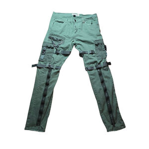 Men's Preme Green Cargo Pants with Chains and Straps Tactical Punk Size 36 X 33